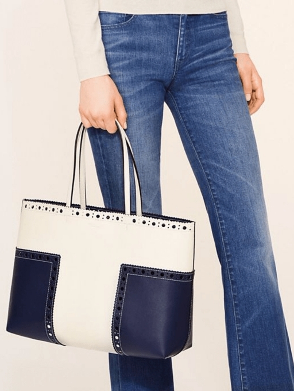 TORY BURCH Leather Large Tote Block T Brogue Royal Navy/ivory Color